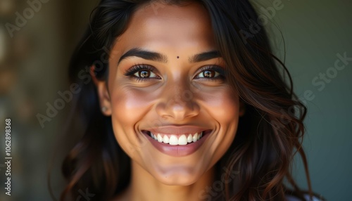 Happy woman with beautiful smile, portrait against soft blurry background.