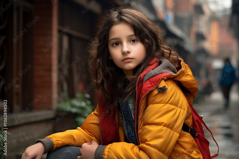 Portrait of a cute little girl in a yellow jacket on the street Portrait of a cute little girl in a yellow jacket on the street