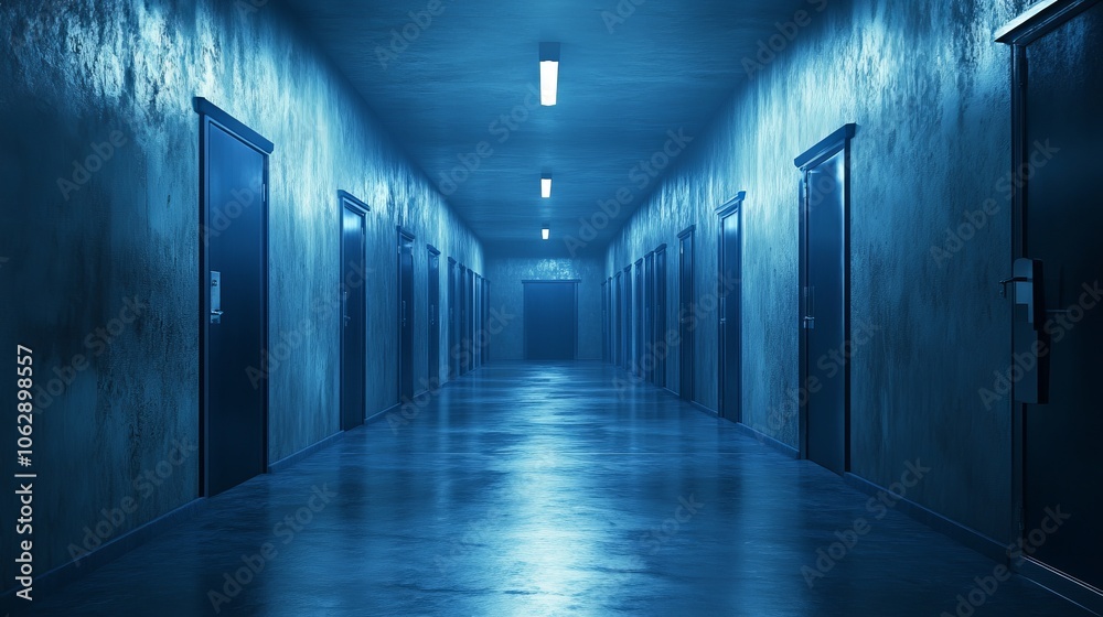 A dimly lit corridor with multiple doors, evoking a mysterious and eerie atmosphere. A dimly lit corridor with multiple doors, evoking a mysterious and eerie atmosphere.