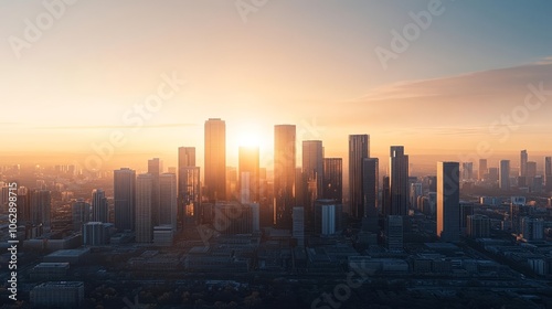 Panoramic view of commercial real estate development, golden hour lighting, symbolizing lasting impact on city's growth