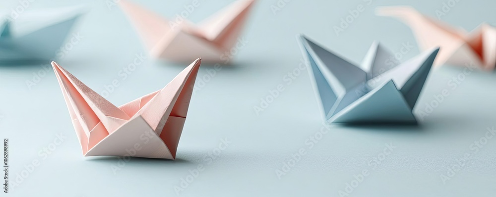 Obraz premium Colorful origami cranes on a light blue background, showcasing intricate paper art.