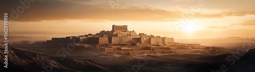 Dramatic view of Nineveh at dawn, highlighting the grand ziggurat and king's palace, symbol of ancient Assyrian power