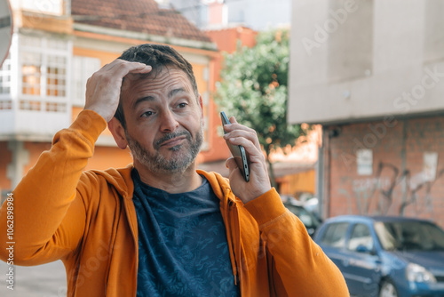 Casual mature man on the street talking on mobile phone with worried gesture photo