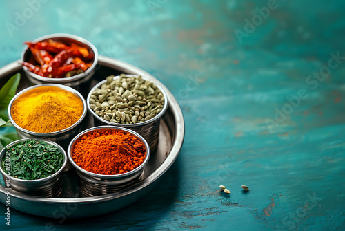 Discover the vibrant world of spices in metal cups for culinary inspiration photo