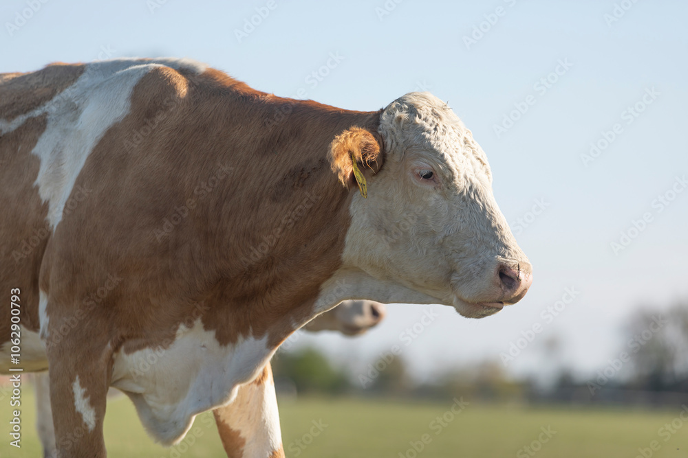 Close up head portrait of cow. Calm animal taken from below. Side face