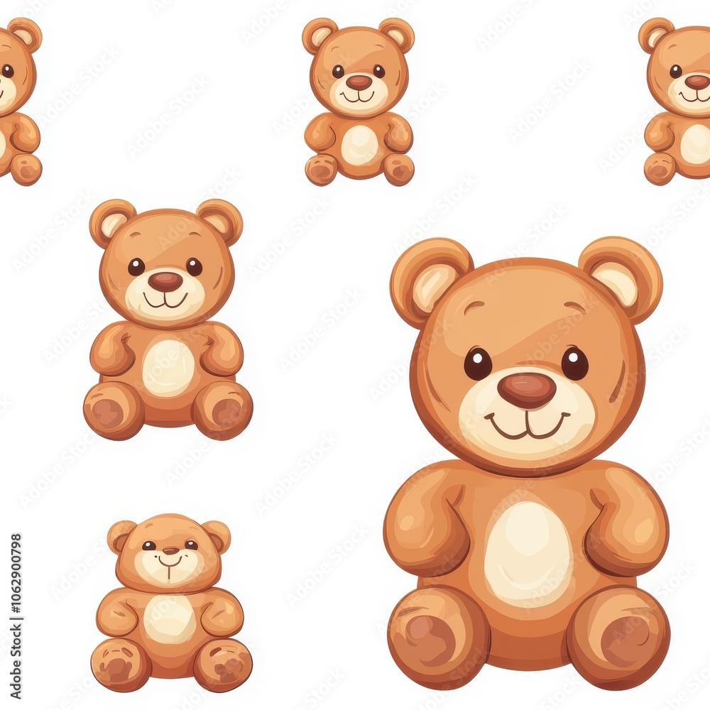 Obraz premium Flat style seamless pattern teddy bear, evenly spaced, isolated on white background.