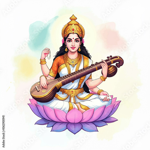 Goddess Saraswati seated on...