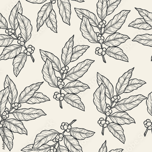 Hand drawn coffee tree branch seamless pattern