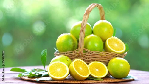 Green Orange fruit in wooden basket on wooden table in garden, Fresh Chinese Citrus Sinensis Orange with slices on blurred greenery background.