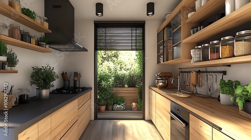 Wallpaper Mural Contemporary small kitchen corner with matte black pendant lighting, a wall-mounted spice rack organized by size, polished utensil hooks, and a light wood countertop, Torontodigital.ca