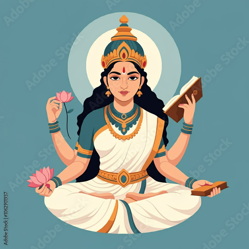 Goddess Saraswati seated wi...