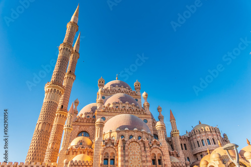 Beautiful Al Mustafa Mosque in Old Town of Sharm El Sheikh in Egypt, at sunset photo