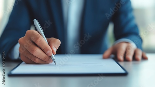 Closeup of contract signing during a successful business negotiation, document finalization, completion of negotiation photo