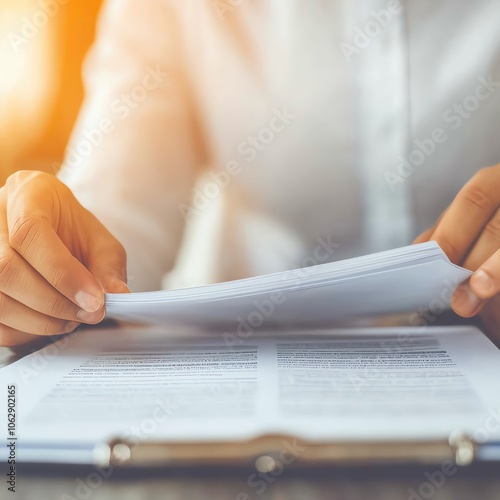 Businessperson flipping through pages of a contract during a negotiation meeting, contract review, formal agreement analysis