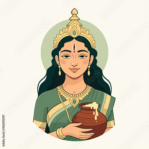 A serene depiction of Goddess Annapurna holding a pot of food, representing nourishment and abundance photo