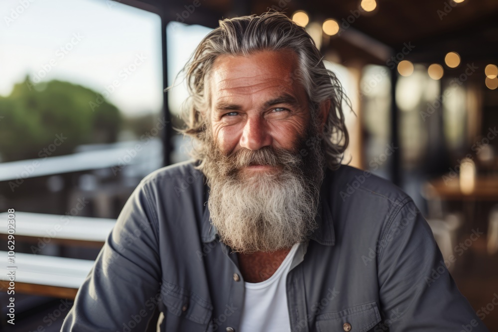 Portrait of handsome senior man with long gray beard and mustache looking at camera in cafe Portrait of handsome senior man with long gray beard and mustache looking at camera in cafe