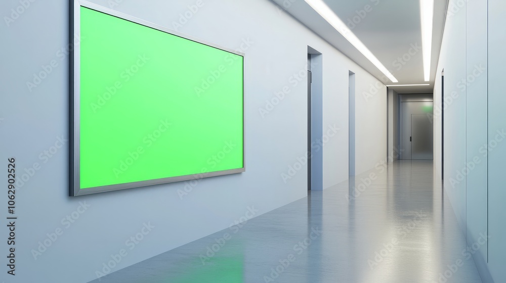A minimalist silver frame with a green screen, mounted on a white hallway wall, with soft lighting A minimalist silver frame with a green screen, mounted on a white hallway wall, with soft lighting