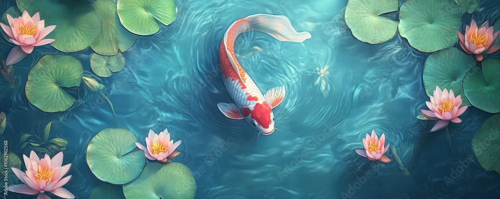 Japanese Koi Fish Swimming in a Serene Pond with Water Lilies and Lily Pads, Capturing the Tranquility of Nature and Zen Aesthetics