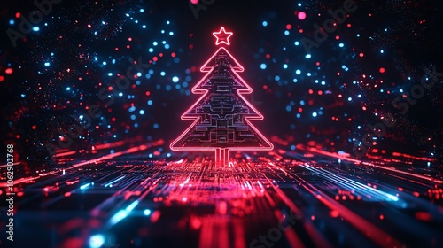 A glowing neon Christmas tree surrounded by vibrant digital lights, creating a festive and modern holiday atmosphere.