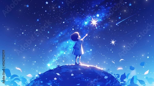 A young child with a curious spirit stretches out to touch the glimmering stars, surrounded by a magical night filled with wonder. seamless looping 4K time-lapse virtual video animation background