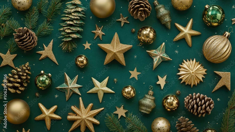 Festive Holiday Decoration Elements on Green Background Festive Holiday Decoration Elements on Green Background