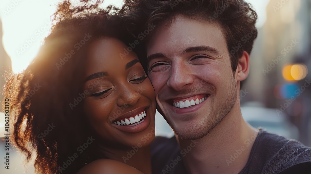 Portrait of interracial couple laughing together in a vibrant urban setting, capturing their joy and connection. Portrait of interracial couple laughing together in a vibrant urban setting, capturing their joy and connection.