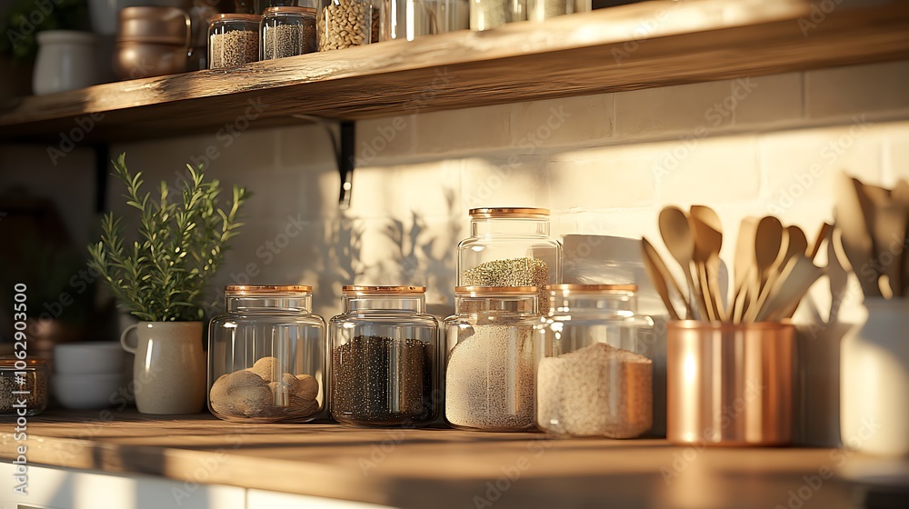 Cozy rustic kitchen corner with wooden open shelves, soft downlighting, and glass containers filled with baking ingredients, neatly displayed alongside wooden spoons, copper measuring cups, Cozy rustic kitchen corner with wooden open shelves, soft downlighting, and glass containers filled with baking ingredients, neatly displayed alongside wooden spoons, copper measuring cups,