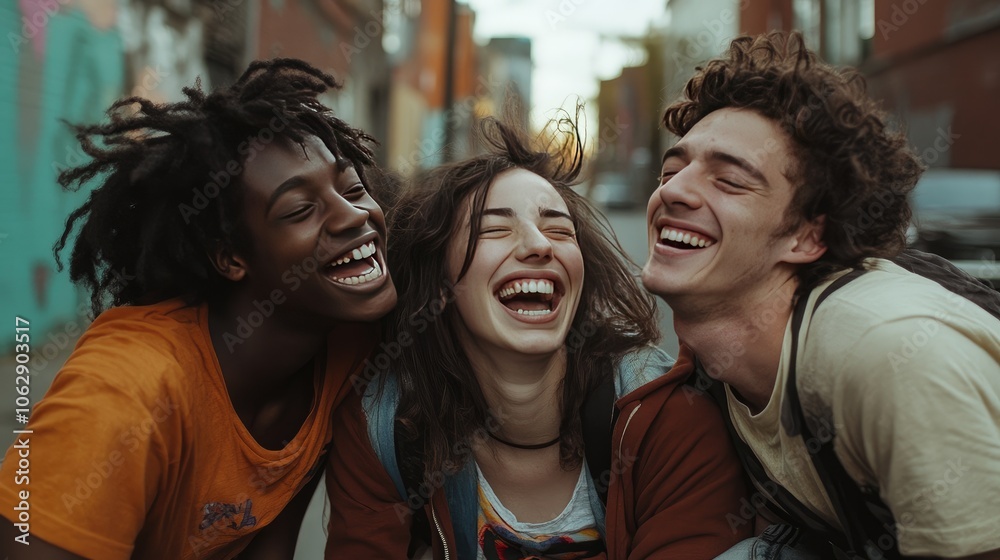 Fototapeta premium Portraits of friends from diverse cultural backgrounds laughing together in a casual urban setting.
