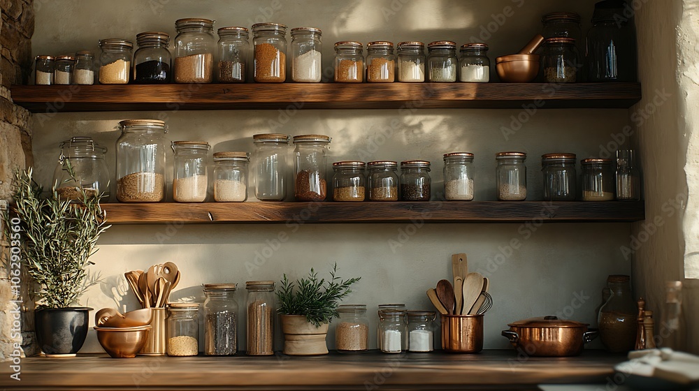 Cozy rustic kitchen corner with wooden open shelves, soft downlighting, and glass containers filled with baking ingredients, neatly displayed alongside wooden spoons, copper measuring cups, Cozy rustic kitchen corner with wooden open shelves, soft downlighting, and glass containers filled with baking ingredients, neatly displayed alongside wooden spoons, copper measuring cups,
