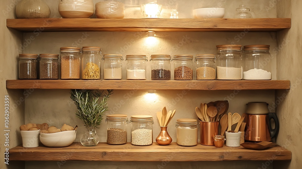Cozy rustic kitchen corner with wooden open shelves, soft downlighting, and glass containers filled with baking ingredients, neatly displayed alongside wooden spoons, copper measuring cups,