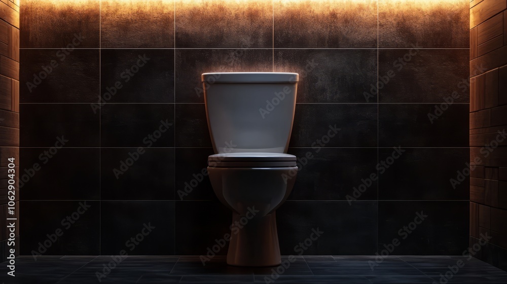 A minimalist toilet with a soft-close seat, set against a dark tile wall with wooden accents, isolated A minimalist toilet with a soft-close seat, set against a dark tile wall with wooden accents, isolated