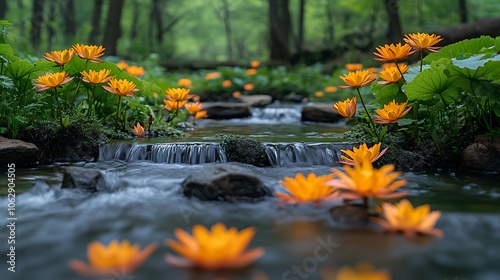 A small creek flows through a lush forest, with orange flowers blooming on the banks.