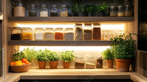 Elegant kitchen corner setup with concealed lighting under floating shelves, neatly arranged glass jars of ingredients, and small green plants adding a calming, natural vibe. --ar 16:9