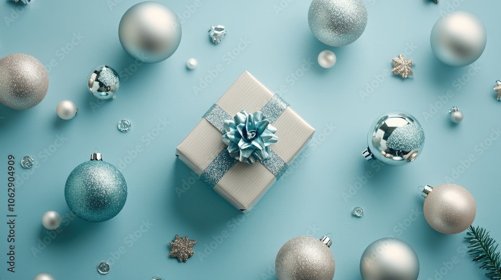 Festive Gift Box with Christmas Ornaments on Blue Surface