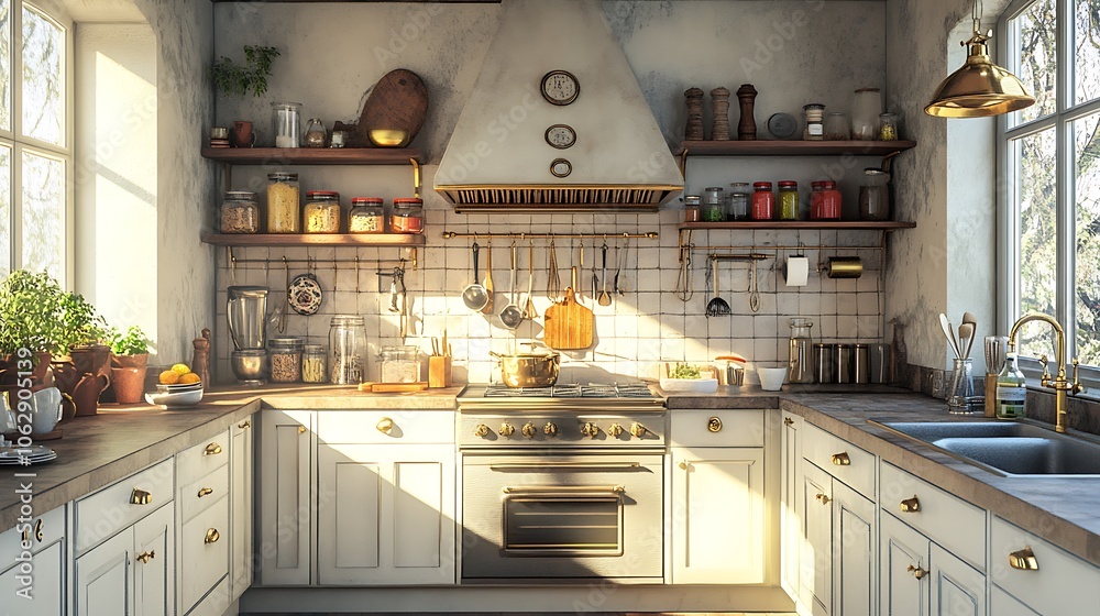 Elegant kitchen corner with pendant lighting highlighting an organized spice rack, brass utensil hooks, a few small decorative elements, and a clean countertop, Elegant kitchen corner with pendant lighting highlighting an organized spice rack, brass utensil hooks, a few small decorative elements, and a clean countertop,