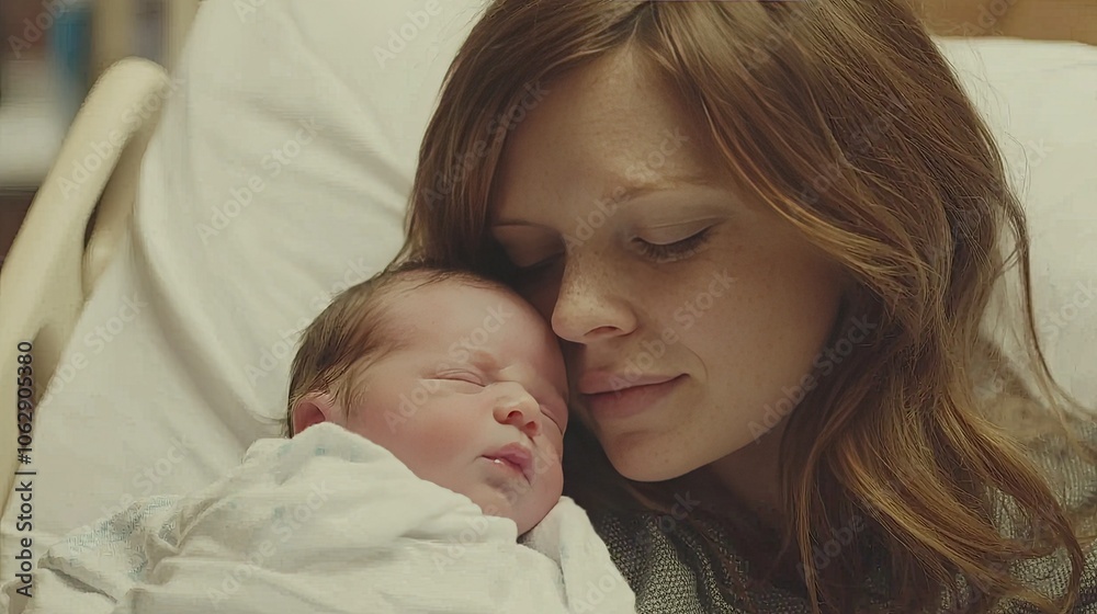 Mother cherishing her newborn baby in a hospital setting, warm and tender moment. Mother cherishing her newborn baby in a hospital setting, warm and tender moment.