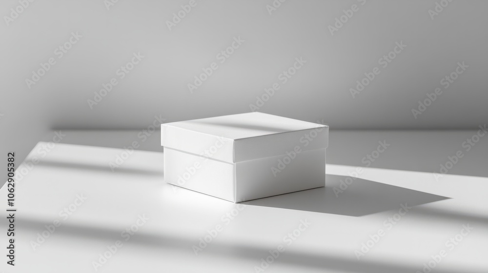 A minimalist white gift box with subtle shadows, perfectly centered on a clean white surface A minimalist white gift box with subtle shadows, perfectly centered on a clean white surface
