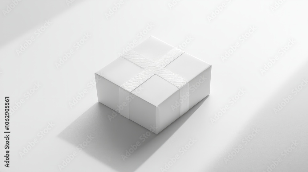 Fototapeta premium A minimalist white gift box with subtle shadows, perfectly centered on a clean white surface 