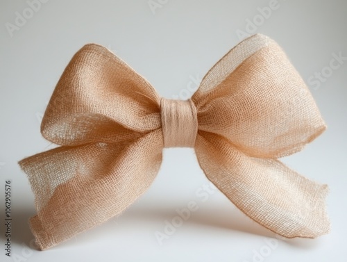 A tan ribbon bow is sitting on a white background photo