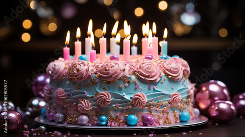 birthday cake with golden candles and balloons