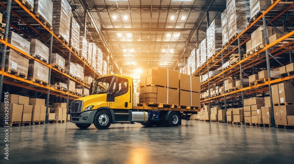 Yellow delivery truck parked in a spacious warehouse filled with boxes Yellow delivery truck parked in a spacious warehouse filled with boxes