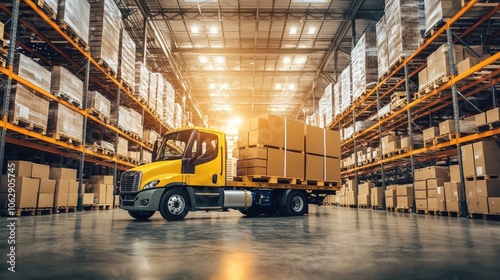 Yellow delivery truck parked in a spacious warehouse filled with boxes