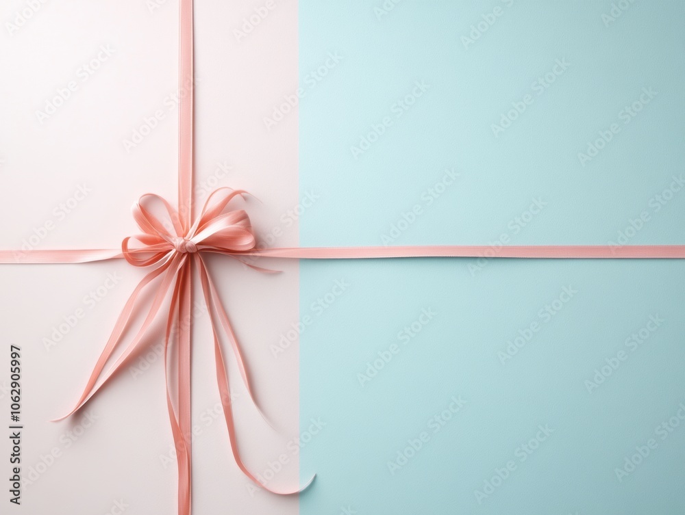A pink ribbon is tied around a gift, with a blue background A pink ribbon is tied around a gift, with a blue background