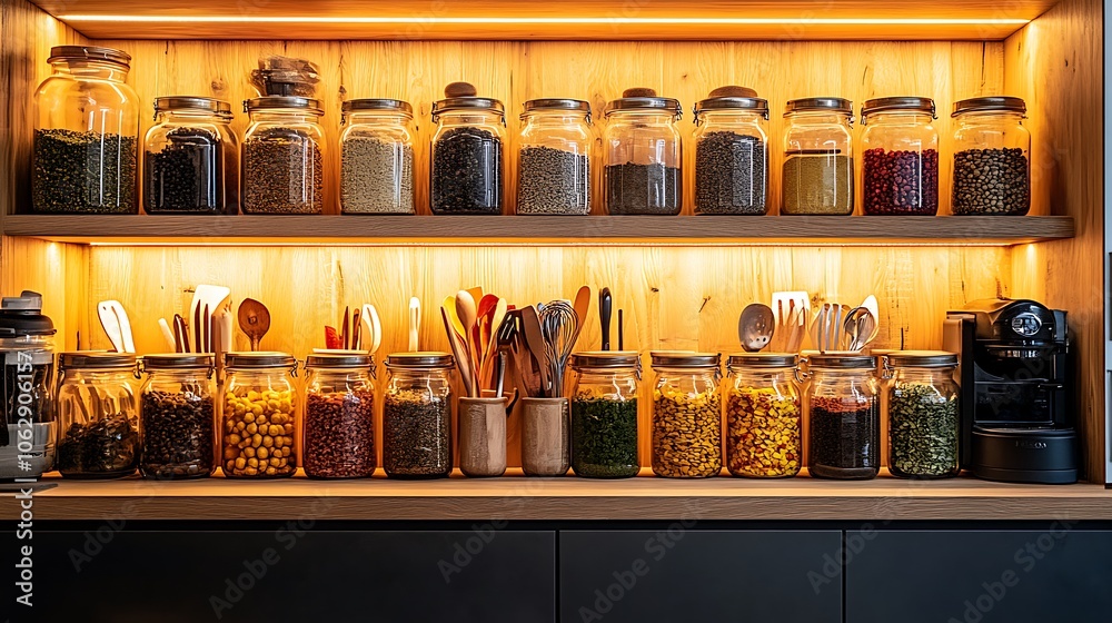 Elegant kitchen nook with warm under-cabinet lighting, rows of neatly arranged spice jars, minimalist design with polished utensils adding a refined, modern touch. --ar 16:9 Elegant kitchen nook with warm under-cabinet lighting, rows of neatly arranged spice jars, minimalist design with polished utensils adding a refined, modern touch. --ar 16:9