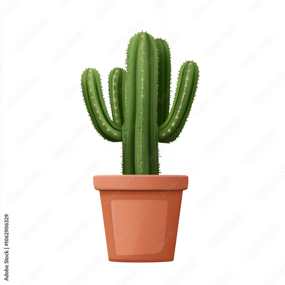 A green cactus with spines in a brown pot on a white background. A green cactus with spines in a brown pot on a white background.