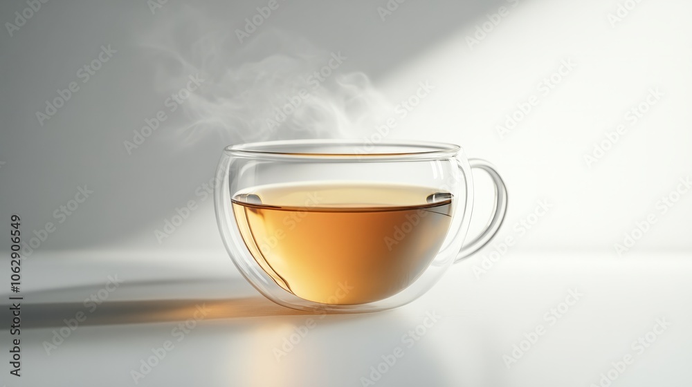 A minimalistic glass teacup filled with golden-brown tea, steam rising gently on a white background