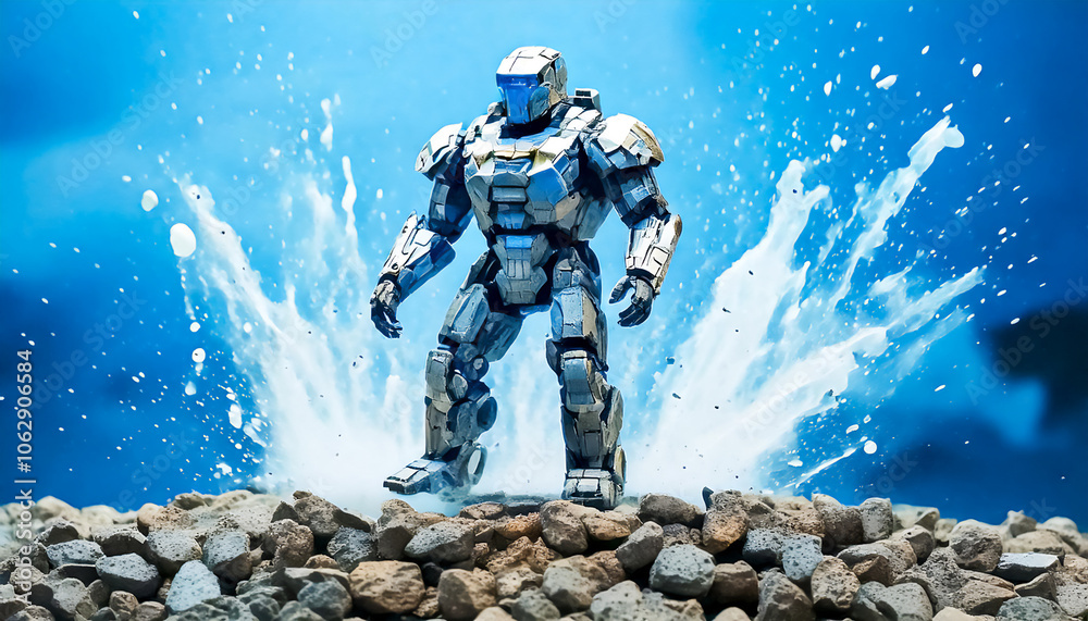 Fototapeta premium Abstract astronaut, alien, robot in armored spacesuit in action. Starship troopers, star wars, space exploration, space science