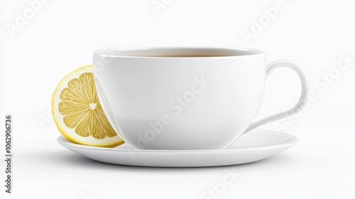 A minimalistic white teacup with a slice of lemon resting on the rim, warm tea inside