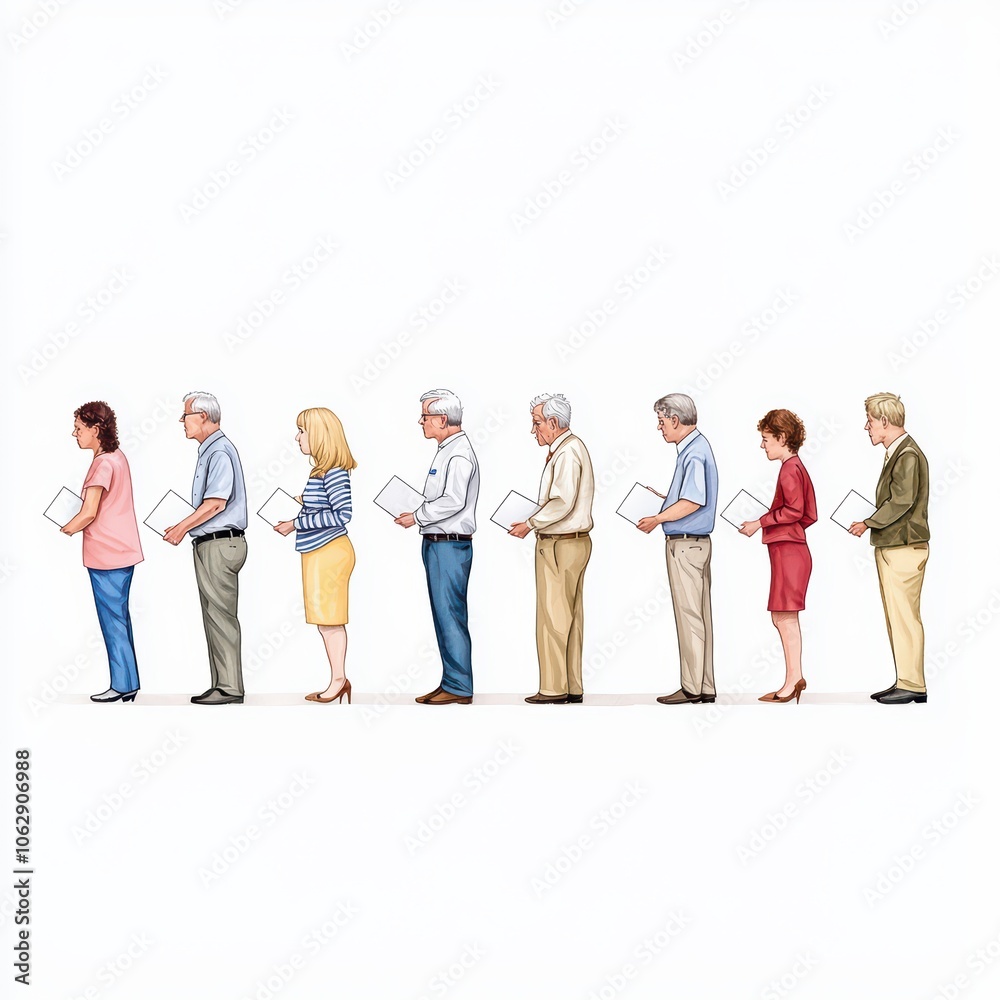 Fototapeta premium A diverse group of people standing in line, each holding a document.