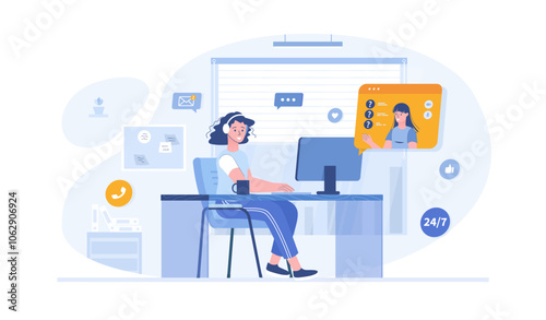 Customer service. Operator in headphones consult clients, answers the questions and solve problems. Vector illustration with characters in flat design for web banner.	
